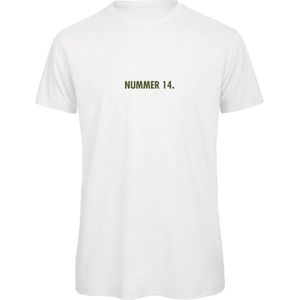 T-shirt Wit XL - nummer 14 - olijfgroen - soBAD. | T-shirt unisex | T-shirt man | T-shirt dames | Voetbalheld | Voetbal | Legende