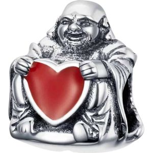 Geloof en Geluk - Zilveren bedels - Bedel Boeddha bedel kopen - Boedha Rood hart - Meerdere merken passend - Met 925 Zilver Certificaat - Verjaardag tip