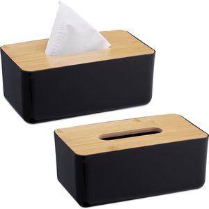 Relaxdays 2x tissue box zwart - tissuehouder - tissuedoos - zakdoekhouder - deksel bamboe