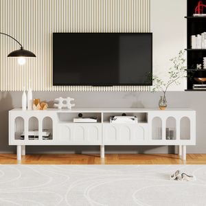 Sweiko TV-Kast, met 2 Glazen deuren en 1 Grote lade TV-meubel, Lage kast met gebogen deuren, Grote opbergruimte, 180cm Breed, Wit