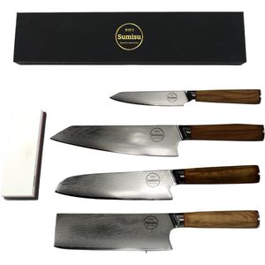 Sumisu Knives - Japanse Messenset 4-delig black incl. slijpsteen - Black collection - 100% damascus staal - Koksmes - Geleverd in luxe geschenkdoos - Cadeau
