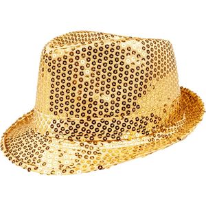 Toppers - Funny Fashion Carnaval verkleed Trilby hoedje met glitter pailletten - goud - heren/dames
