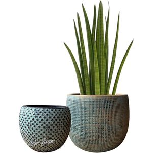 Mrs. Jones Premium Collection Plantenbakken Set - Keramisch - Groen Goud - Indoor Outdoor - 17 cm & 14 cm .