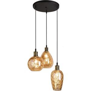 Design hanglamp Verona met amber glas met bolling detail, 3-lichts