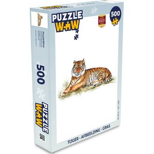 Puzzel Tijger - Afbeelding - Gras - Legpuzzel - Puzzel 500 stukjes