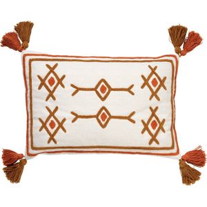 Dutch Decor ZITA - Kussenhoes katoen 40x60 cm - Snow White - wit / bruin / terra - met flosjes - met rits - zonder binnenkussen