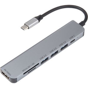By Qubix USB C Hub HDMI – 7in1 – Universeel - 1x 4k HDMI - 3x USB 3.0 - 2x kaartlezer - 1x USB C - Space gray