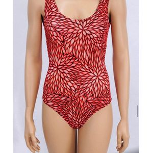 Badpak- Casual Felle kleur Zwempak- Dames Badmode Bikini Badkleding Zwemkleding Strandkleding 429- Rood met bloemendetails- Maat 36/XXS