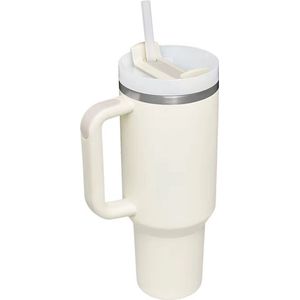 Drinkfles Tumbler RVS thermo drinkfles 1.2L Cream 40oz - Waterfles met rietje - RVS Thermosbeker met Handvat en Rietje - Drinkbeker To Go - 1.2 Liter - Koffiebeker - Travel Mug - Thermosbeker - Thermosfles - Thermoskan