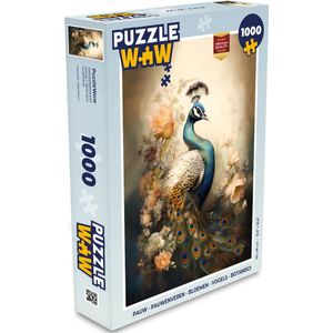 Puzzel Pauw - Pauwenveren - Bloemen - Vogels - Botanisch - Legpuzzel - Puzzel 1000 stukjes volwassenen