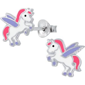 Joy|S - Zilveren eenhoorn met vleugeltjes oorbellen - unicorn oorknoppen