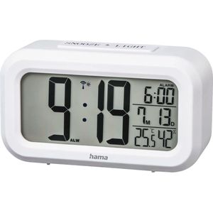 Hama Radiogestuurde Wekker - Digitale wekker - Datum, temperatuur- en luchtvochtigheidsweergave - LED Display - 11,8x4x6,5 cm - Incl. batterijen - Wit