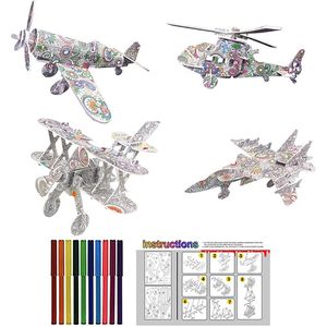 3D puzzel - Coloring puzzel - Kleurplaat - 4 figuren met 12 viltstiften - 3D vliegtuigen, helikopters knutselen