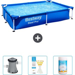 Bestway Rechthoekig Steel Pro Zwembad - 221 x 150 x 43 cm - Blauw - Inclusief Pomp - Testrips - Chloor