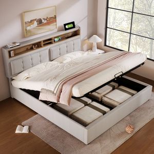 Sweiko Gestofferd bed Dubbele bed Oplaadfunctie met USB, type C Stopcontact Hoofdbord, Opbergbed, Beige, linnenmateriaal bedstead Jeugdbed 160x200 met Flat noedels grille (geen matras)