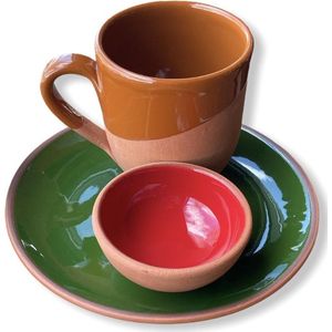 Aardewerk set beker, schaaltje en bord - Terracotta - Klei - Koffiebeker - Servies - Aardewerk kopjes - Gekleurd