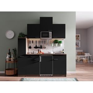 Goedkope keuken 180  cm - complete kleine keuken met apparatuur Oliver - Donker eiken/Zwart - elektrische kookplaat  - koelkast  - magnetron - mini keuken - compacte keuken - keukenblok met apparatuur
