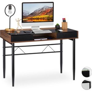 Relaxdays bureau glas - computertafel - kabeldoorvoer - laptoptafel - glastafel - lades - Hout / zwart