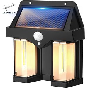 Lexorion Solar Wandlamp - Buitenverlichting - Solar Tuinverlichting - Warm Wit - Buiten op Zonne Energie - Sfeerverlichting - IP65 Weerbestendig - LED Lampjes Tuin Wandlampen - Zwart