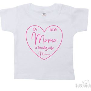 Soft Touch T-shirt Shirtje Korte mouw ""De liefste mama is toevallig mijn mama"" Unisex Katoen Wit/roze Maat 62/68