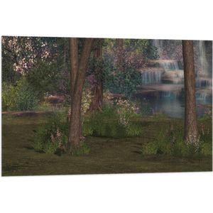 WallClassics - Vlag - Bloemen en Bomen bij Waterval - 90x60 cm Foto op Polyester Vlag