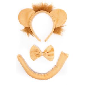 KIMU Leeuw Beige Haarband Oren, Strik & Staart Diadeem Set - Lichtbruin Manen Dierenpak Leeuwin Oortjes Leeuwen Pak - Strikje Staartje Festival