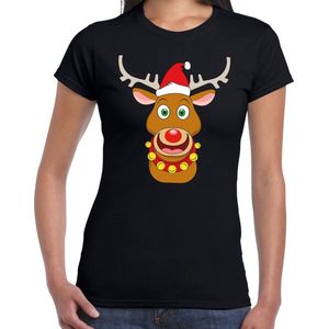 Foute Kerst t-shirt met rendier Rudolf rode muts zwart voor dames S