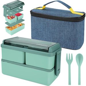 1400 ml lunchbox met 3 compartimenten - 2-laags lekbakken Bento Box met geïsoleerde tas en bestek, maaltijdbereidingscontainer voor volwassenen kinderen studenten kantoor magnetronbestendig beschikbaar (groen)