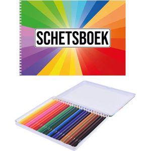 A4 kleuren waaier schetsboek/ tekenboek/ kleurboek/ schetsblok wit papier met 24 kleurpotloden