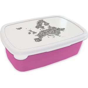 Broodtrommel Roze - Lunchbox - Brooddoos - Europakaart met patroon van grijze tropische bladeren - zwart wit - 18x12x6 cm - Kinderen - Meisje
