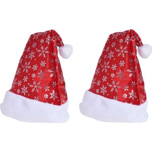 2x Rode kerstmutsen met sneeuwvlokken voor volwassenen - Kerstaccessoires kerstmutsen