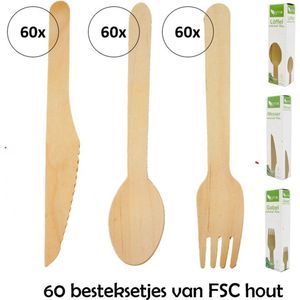 Grinx | Set van 3 x 60 |  Wegwerp bestek set | Onbehandeld FSC Hout | Mes, Vork & Lepel | 16 cm lang | Geen chemicaliën | Picknick | Feest |