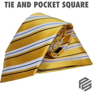 Mens Tie and Pocket Square set High Quality Yellow with stripe shine