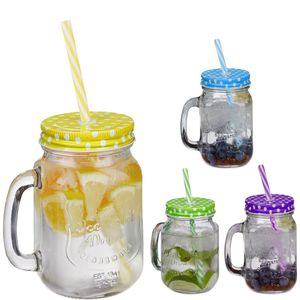 Relaxdays drinkglazen met rietje - set van 4 - 500 ml - deksel met stippen - mason jar - kleurrijk