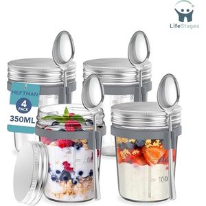 LifeStages - Overnight Oats Potjes - Mason Potten voor Overnight Oats - Overnight Oats Jar met Lepels en Luchtdichte Roestvrijstalen Deksels - Voedselveilige Glazen Ontbijtpotten - Set van 4 350ml