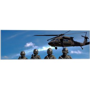 WallClassics - Vlag - Vier Soldaten met Geweren onder Legerhelikopter - 60x20 cm Foto op Polyester Vlag