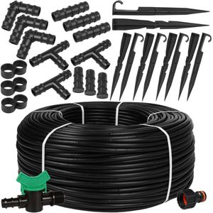 Watermil Drip Systeem Druppelslang Druppelbuis Zwarte Druppelleiding voor besproeien van bloemperken en plantrijen, waterbesparing 16mm / 2.0 LPH Druppelafstand 33 cm / 50m + accessoire