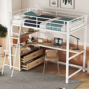Sweiko Hoogslaper 90*200 cm, bureau en legplank met laden, metalen bedframe, zonder matras, wit