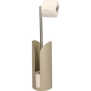 Staande wc/toiletrolhouder taupe met reservoir en flexibele stang 59 cm van metaal - Wc-rol houder - Toiletrol houder