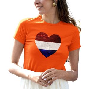 Dames Slim fit T-shirt Nederlandse vlag met Hart magic sequence | koningsdag kleding| Holland | EK-WK-Olympische Spelen | Oranje | maat XL