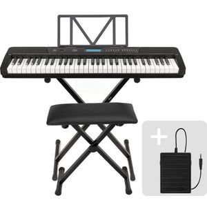 Keyboard set - Áengus A902 keyboard piano met 61 Aanslaggevoelige lichtgevende toetsen, USB MIDI + Sustain pedaal, Keyboard standaard en Pianokruk