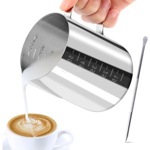 Melkkannetje, 600 ml, handheld roestvrij staal, opschuimkannetje, koffiecrème, melk, opschuimer kannetje, beker met meetmerk, melkkannetje, perfect voor Barista cappuccino espresso latte