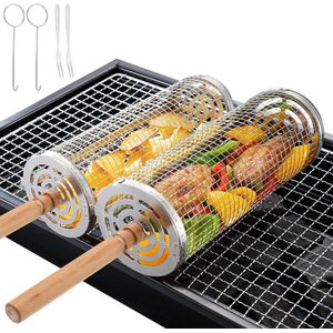 BBQ-grillmand - roestvrijstalen rollende groentegrillmand - afneembaar houten handvat - ronde barbecuekooi - draagbare barbecue-accessoires - outdoor grill - worst vlees