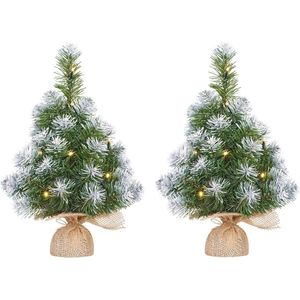 2x Mini kunst kerstboom met 10 LED lampjes en sneeuw 45 cm - Mini kerstboompjes