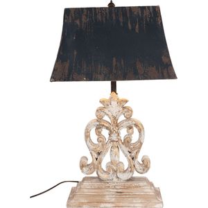 HAES DECO - Tafellamp - Shabby Chic - Vintage / Retro Lamp, formaat 40*28*67 cm - Bruin / Wit Hout met Zwarte Lampenkap - Bureaulamp, Sfeerlamp, Nachtlampje