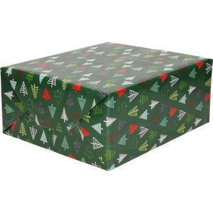 5x Rollen Kerst inpakpapier/cadeaupapier donkergroen/gekleurde bomen 2,5 x 0,7 cm - Luxe papier kwaliteit kerstpapier - Kerstmis