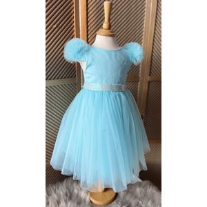 tutu jurk-effen jurk met tule-tule jurk met glitter ceintuur-feestjurk-galajurk-bruidsjurk-prinsessen jurk-bruidsmeisjes-bruiloft -verjaardag- fotoshoot- babyblauw-2 jaar maat 92