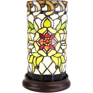 Tiffany Tafellamp Ø 15x26 cm  Groen Beige Glas Rond Bloem Tiffany Bureaulamp Tiffany Lampen Glas in Lood