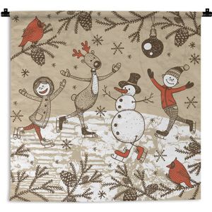 Wandkleed Kerst illustraties - Kerstillustratie schaatsen met een sneeuwpop en rendier Wandkleed katoen 150x150 cm - Wandtapijt met foto