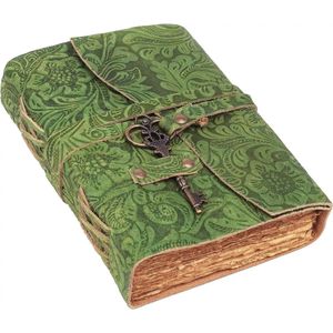 Leren Dagboek met Bloemen reliëf en Sleutel - Leren Dagboek - Notitieboek - Schrijfboek - Journal - Schetsboek - Notebook - Handgemaakt Vintage - 18cm x13cm x 4cm